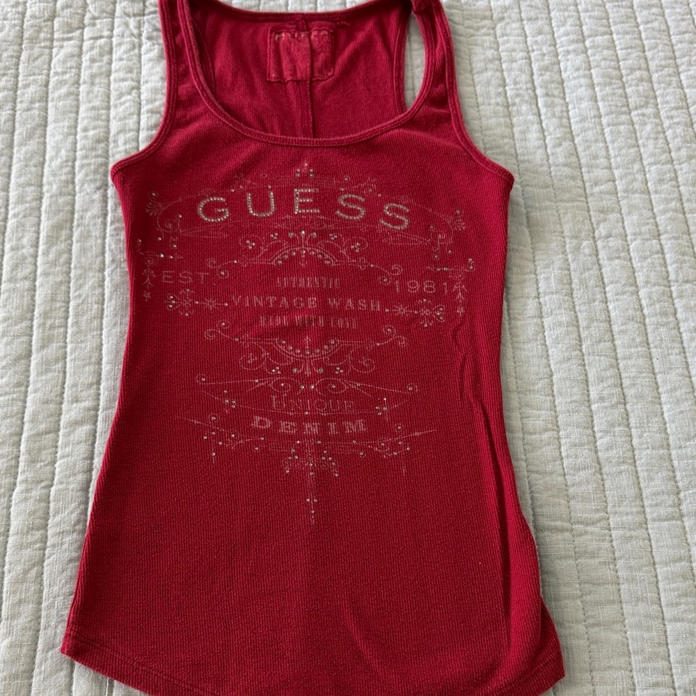 Guess Red Embellished Logo Racerback Tank